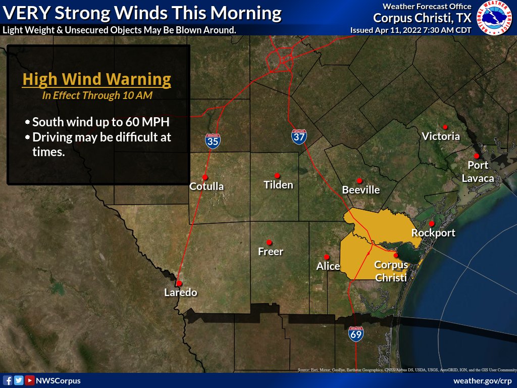 NWSCorpus's tweet photo. A High Wind Warning is now in effect for Nueces and San Patricio counties through 10 AM. Strong winds have developed this morning with gusts up to 60 MPH possible. #txwx #stxwx https://t.co/9dO7NS4Ryw