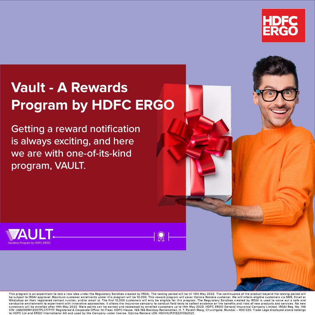HDFCERGOGIC's tweet photo. Vault is an experiment to test a new idea under the Regulatory Sandbox by IRDAI. Eligible Optima Restore customers will be informed via SMS, Email or WhatsApp. The first 10,000 customers enrolled up to 14th May’22 will be eligible for redemption.
#Vault #OptimaRestore #HDFCERGO https://t.co/b3lB7Bc7UX