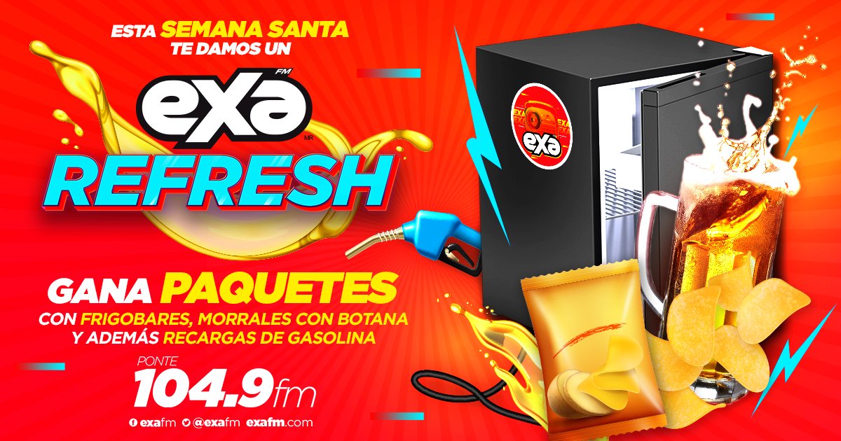 ExaFM's tweet photo. ¡Llegó el #ExaRefresh! 💦🙌😎
Muy pendiente a nuestras dinámicas al aire por el 104.9 fm para participar por paquetes con frigobares, morrales con botana y recarga de gasolina... https://t.co/RtR8gM5m4X