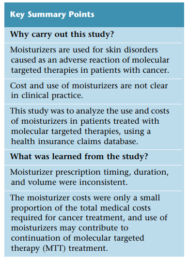 The purpose of this latest study was to analyze the utilization patterns and medical costs of moisturizers in patients treated with Molecular targeted therapies, using a health insurance claims database: bit.ly/3E0yxXv #cancer #AntiCancerDrugs #Therapy