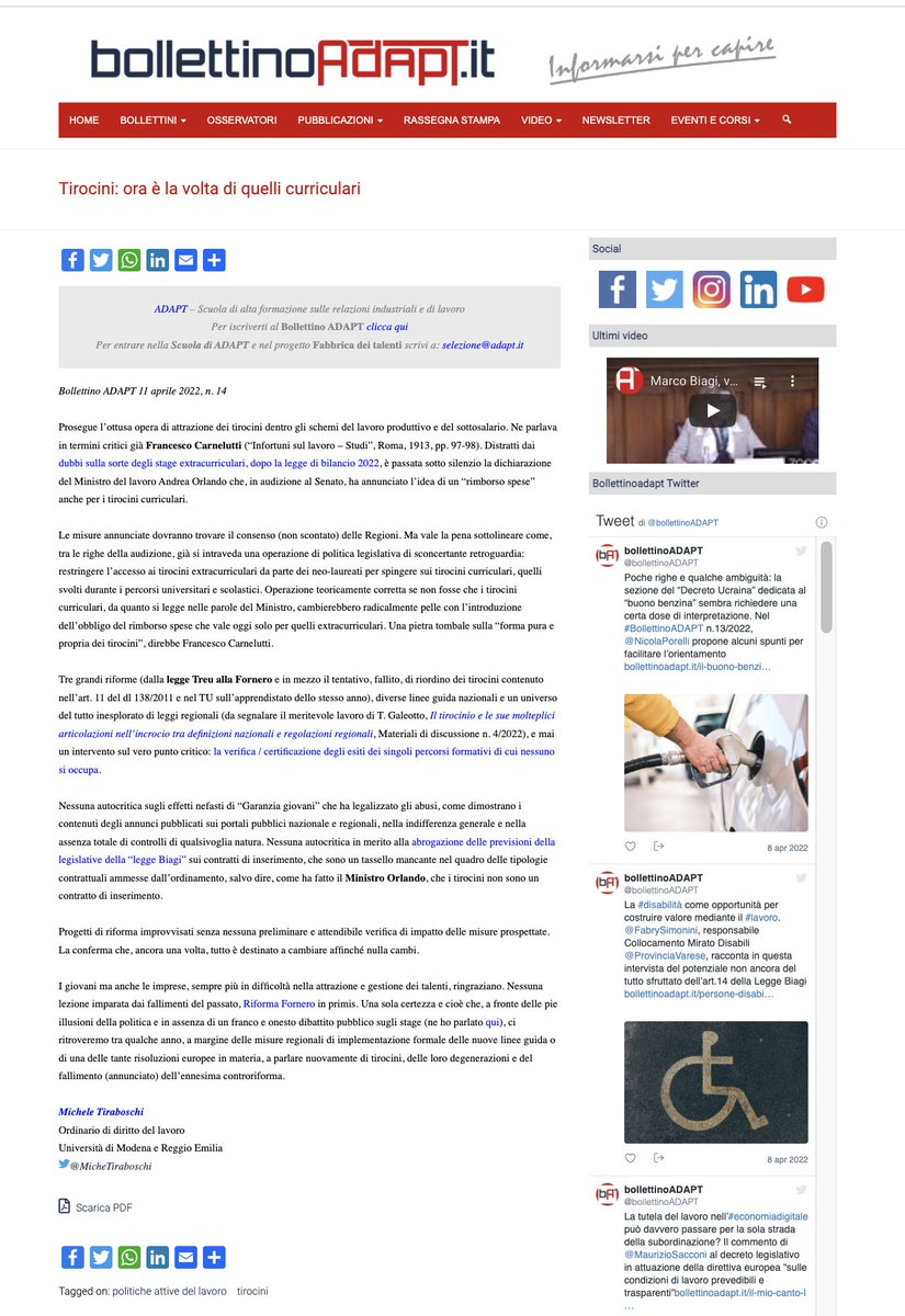 MicheTiraboschi's tweet photo. Tirocini: ora è la volta di quelli curriculari. 
Mio commento critico alle proposte di riforma avanzate dal Ministro del lavoro https://t.co/lJgfAILKEF https://t.co/SSbIa17gP8