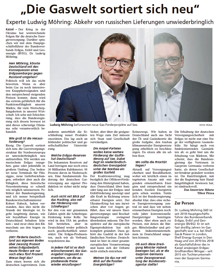 BVEG_de's tweet photo. "Die Gaswelt sortiert sich neu. Es geht langfristig darum, wie wir bezahlbare #Energie in Deutschland behalten können - und zwar ohne den #Klimaschutz  aus den Augen zu verlieren," sagt @MoehringBVEG im Interview mit @PezsaTibor für @HNA_online. #Erdgas #Versorgungssicherheit https://t.co/v5HW379V3L