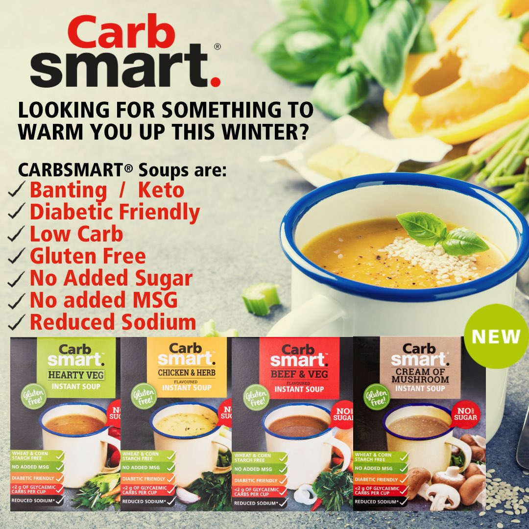 Carbsmart soups are a must if you’re looking for something quick, healthy &amp; delicious to warm you up. 
4 delicious flavours - available at Food Lovers Market and Dischem stores nationwide, as well as select spar stores and independents or online at carbsmart.co.za