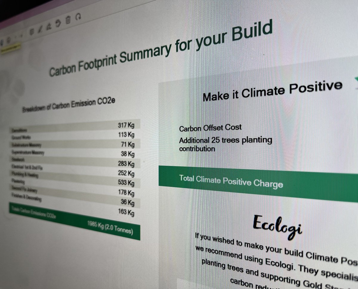 It may be a small step, but it’s great to see <a href="/Proquant/">Proquant Estimating</a> providing a Carbon Footprint Summary with their project cost estimating.  

They’re also including a Carbon Offset Cost from that talented bunch at <a href="/Ecologi_hq/">Ecologi 🌍</a> 

Nice work guys!