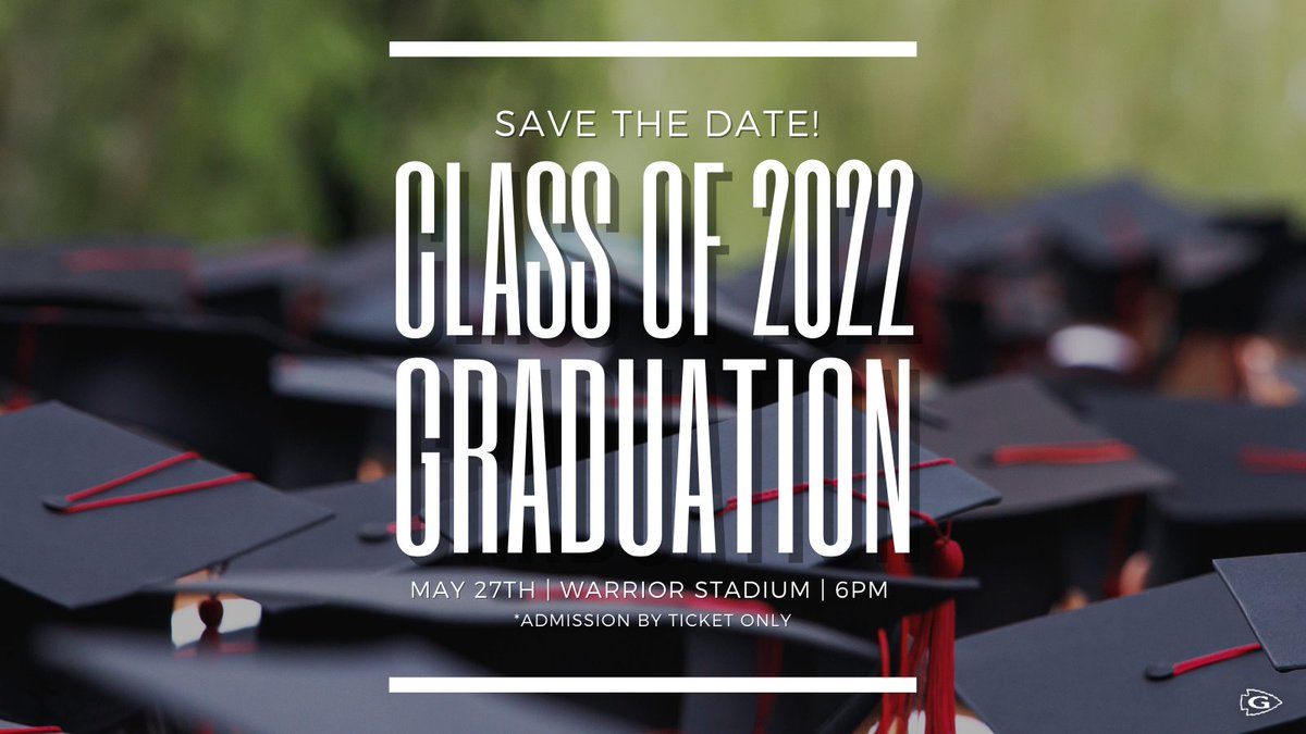 GASD_PA's tweet photo. ‼️ 𝐒𝐀𝐕𝐄 𝐓𝐇𝐄 𝐃𝐀𝐓𝐄 ‼️

🎓 Class of 2022 graduation will take place on Friday, May 27th at Warrior Stadium at 6PM. Everyone attending must have a ticket.

#GASDisGreat #WarriorWay #GASDisAGreatPlacetoLearn #SuccessStartsHere #InspiringFutures #Graduation #Classof2022 https://t.co/rsfaedLxQJ