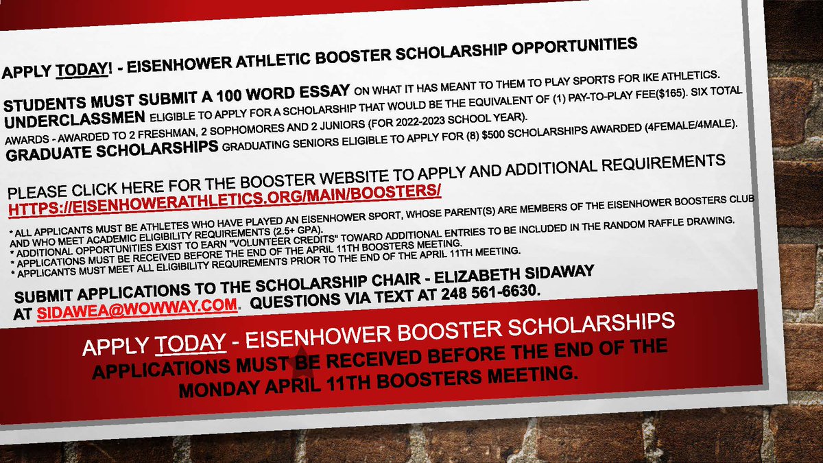 Apply Today! Eisenhower Booster Scholarship Apps must be received before the end of today's April 11th Boosters mtg.  eisenhowerathletics.org/main/boosters/