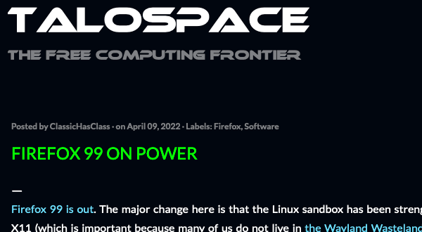 mpc7500v2's tweet photo. #Firefox99 on POWER
https://t.co/G6dEv5BPp0
#OpenPOWER #POWER9 #PPC64le #PPC64 #PowerPC #JavaScriptJIT #FirefoxESR #Firefox #LTO #PGO #WebRTC https://t.co/6wiEHtSX23
