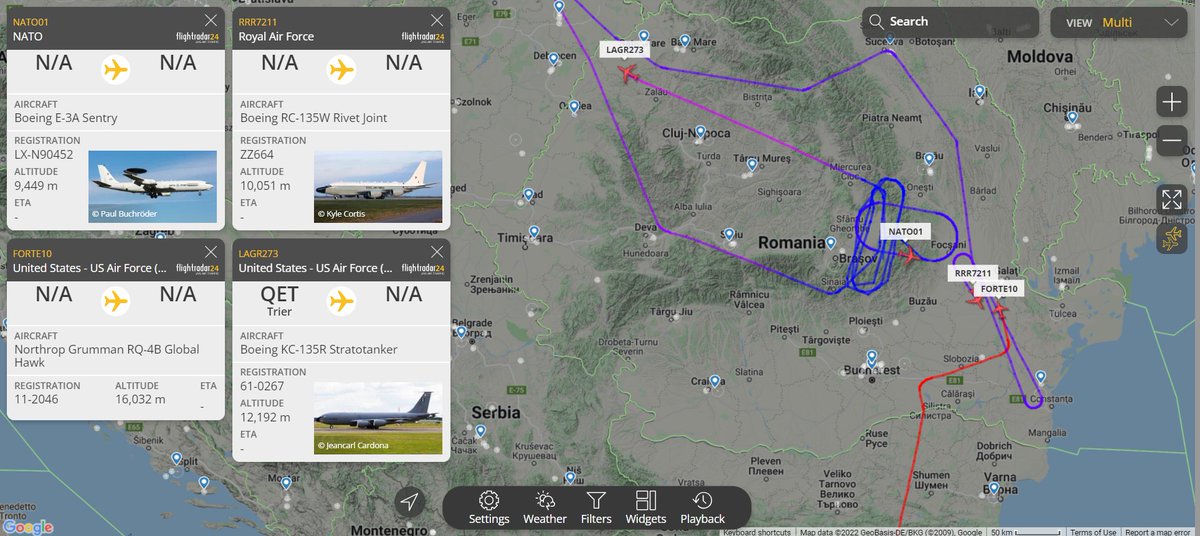 myitlabro's tweet photo. Eyes in the sky and tankers over #Romania #openskyro on 11.04.2022 at 15:58
- #LAGR273 Boeing KC-135R Stratotanker
- #NATO01 Boeing E-3A Sentry
- #RRR7211 Boeing RC-135W Rivet Joint
- #forte10 Northrop Grumman RQ-4B Global Hawk
https://t.co/kkYu6XiBnH https://t.co/WEhc9rGUhw