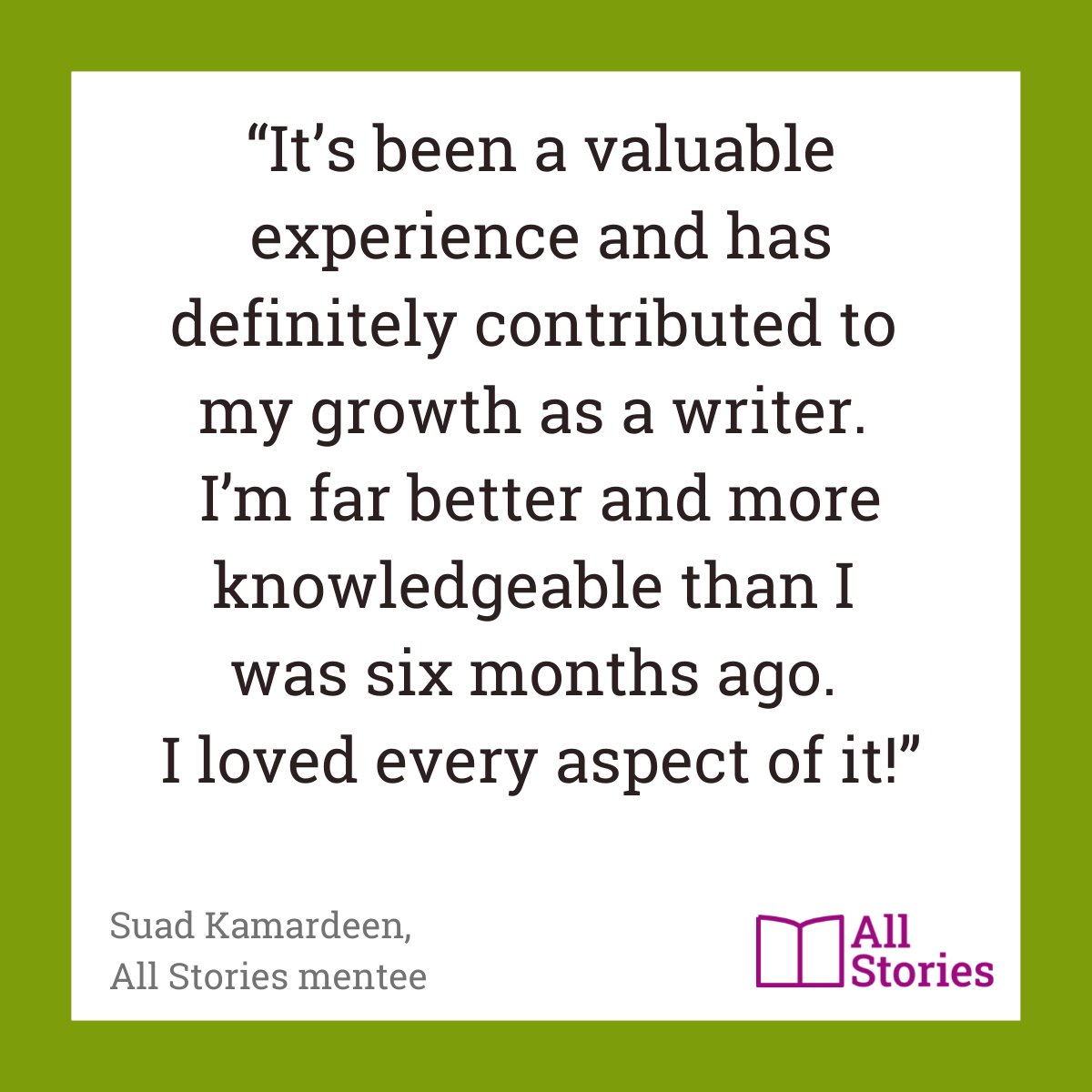 AllStoriesWrite's tweet photo. Wondering if you should apply for an #AllStories mentorship? Here's what one of our 2021 mentees, @suadkamardeen, said: "I loved every aspect of it!"
#allstorieswrite #allstoriesmatter #writerscommunity #mentorship #writing #creativewriting #inclusion #representation #diversity https://t.co/M1MsJhB4SF
