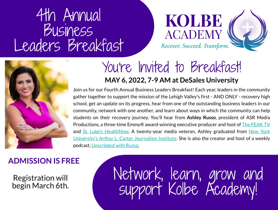 Kolbe_Academy's tweet photo. 4 Weeks to go...register today! https://t.co/NzAK8vCZUj
#BusinessLeadersBreakfast #RecoveryHighSchool https://t.co/P7D8hLdWi7
