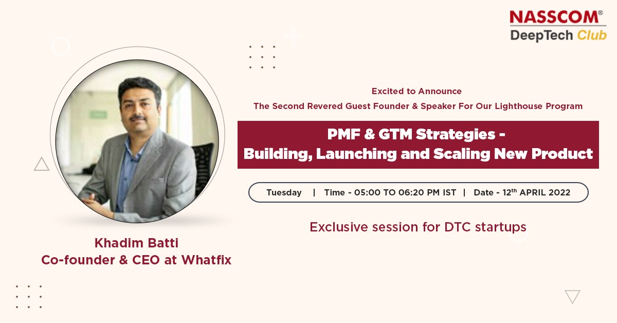 nasscomdeeptech's tweet photo. We are delighted to announce our second speaker for our ongoing lighthouse programme with dynamic @KhadimBatti, Co-founder & CEO at @whatfix!
Want to become a part of India's biggest DeepTech community? Join #DTC: https://t.co/U4xGq4Rm07
#DTCStartups #DeepTech #IndiaProductified https://t.co/PcsvyOxfEu