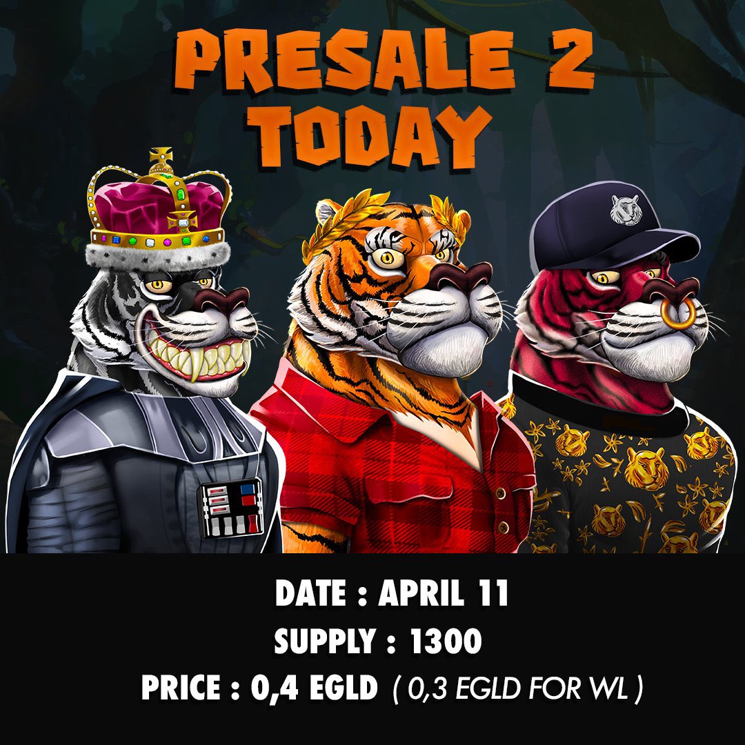 evcawolfCZ's tweet photo. 🎁ELROND #GIVEAWAY🎁

In partnership with @Tigersonchain 🐯 we are giving away:

👉🏻1 #NFT
👉🏻0.25 $EGLD 

✅To enter:

1️⃣ Follow @Tigersonchain &amp; @evcawolfCZ
2️⃣ Like &amp; RT
3️⃣ Tag 3 friends

PRESALE 2 TODAY 👉🏻 April 11 at 5pm UTC 🔥 (mint price 0.4 $EGLD &amp; only 1300 #NFTs)

⏰48h⏰ https://t.co/CeZFqqlEbX