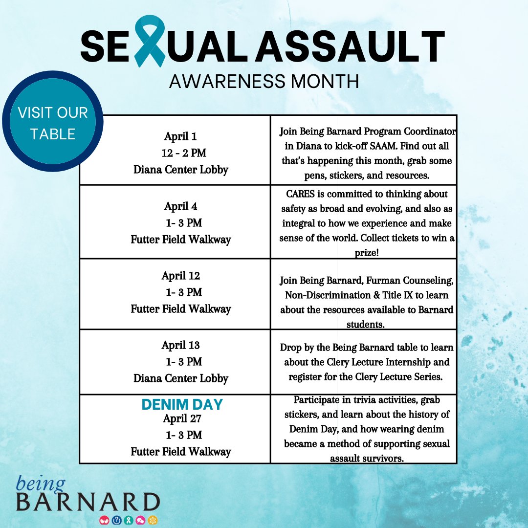 BeingBarnard's tweet photo. Being Barnard will be hosting tables throughout Sexual Assault Awareness Month (SAAM). Join us throughout the month to learn about the history behind SAAM, play trivia, and receive goodies. https://t.co/Oxqs5OUCrr