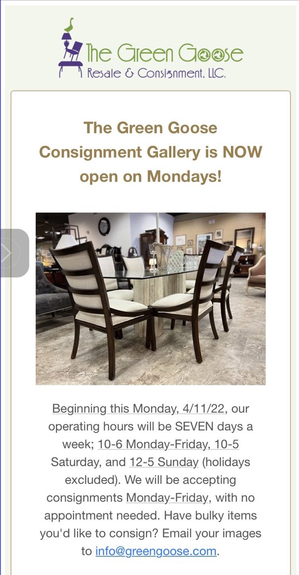 GreenGooseSTL's tweet photo. So excited!!!! #Consignment #Furniture #Decor #Art #7DaysAWeek #Mondays #Couch #DiningT #Table #Chairs #Bed #design #instagram #twitter #STL #WebsterGroves #StLouis https://t.co/Vs5UNVyah3