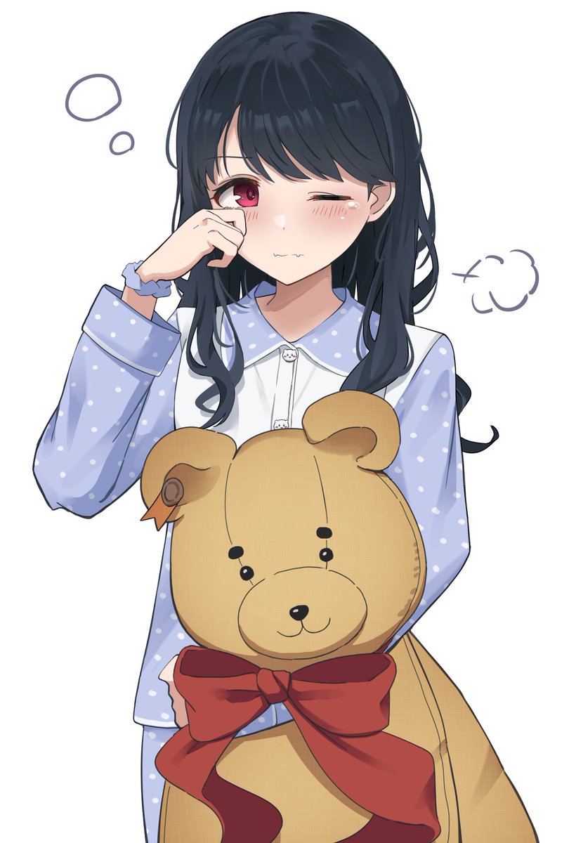 fukumaru koito 1girl solo pajamas teddy bear black hair one eye closed stuffed toy  illustration images