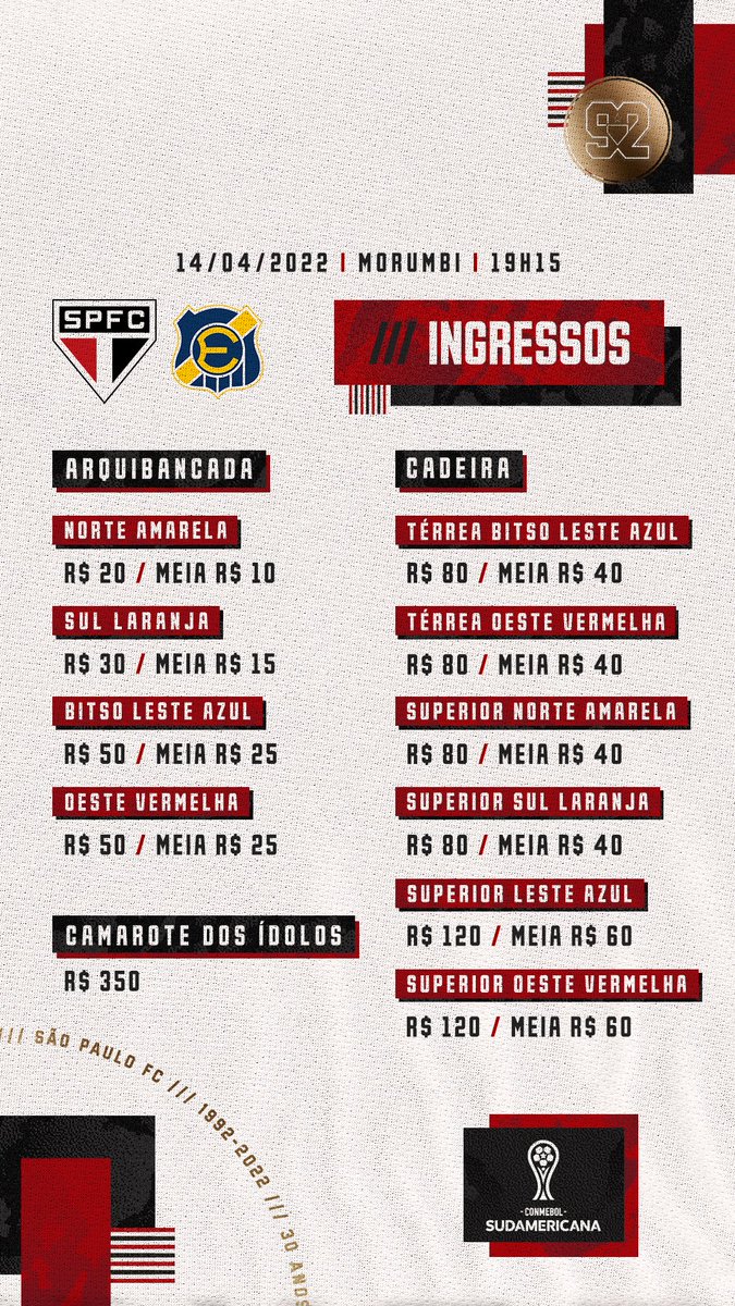 SaoPauloFC's tweet photo. 🔛 Vendas abertas pro público geral!

Quinta-feira (14/04) tem mais Tricolor no Morumbi: São Paulo x Everton-CHI, às 19h15, pela @SudamericanaBR.

Ingressos disponíveis para toda a torcida são-paulina: https://t.co/WhCWQotMbf

#SejaSócioTorcedor
#VamosSãoPaulo 🇾🇪 https://t.co/ZxEVivJExn