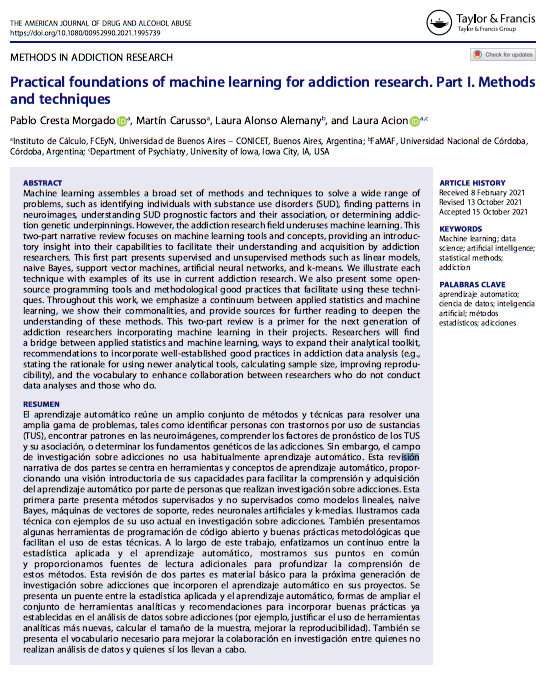 American Journal of Drug and Alcohol Abuse (AJDAA) (@ajdaajournal) on Twitter photo Practical foundations of machine learning for addiction research. Part I. Methods & techniques
<a href="/Pablo_Cresta/">Pablo Cresta</a>, Carusso, <a href="/morlaicassiopea/">Laura Alonso Alemany</a> & <a href="/_LAcion_/">Laura Ación (@lacion@scicomm.xyz)</a>
→ doi.org/10.1080/009529…
#MachineLearning #AddictionResearch #ML #SubstanceUseDisorders #DataScience #AI #StatisticalMethods Practical foundations of machine learning for addiction research. Part I. Methods & techniques
<a href="/Pablo_Cresta/">Pablo Cresta</a>, Carusso, <a href="/morlaicassiopea/">Laura Alonso Alemany</a> & <a href="/_LAcion_/">Laura Ación (@lacion@scicomm.xyz)</a>
→ doi.org/10.1080/009529…
#MachineLearning #AddictionResearch #ML #SubstanceUseDisorders #DataScience #AI #StatisticalMethods