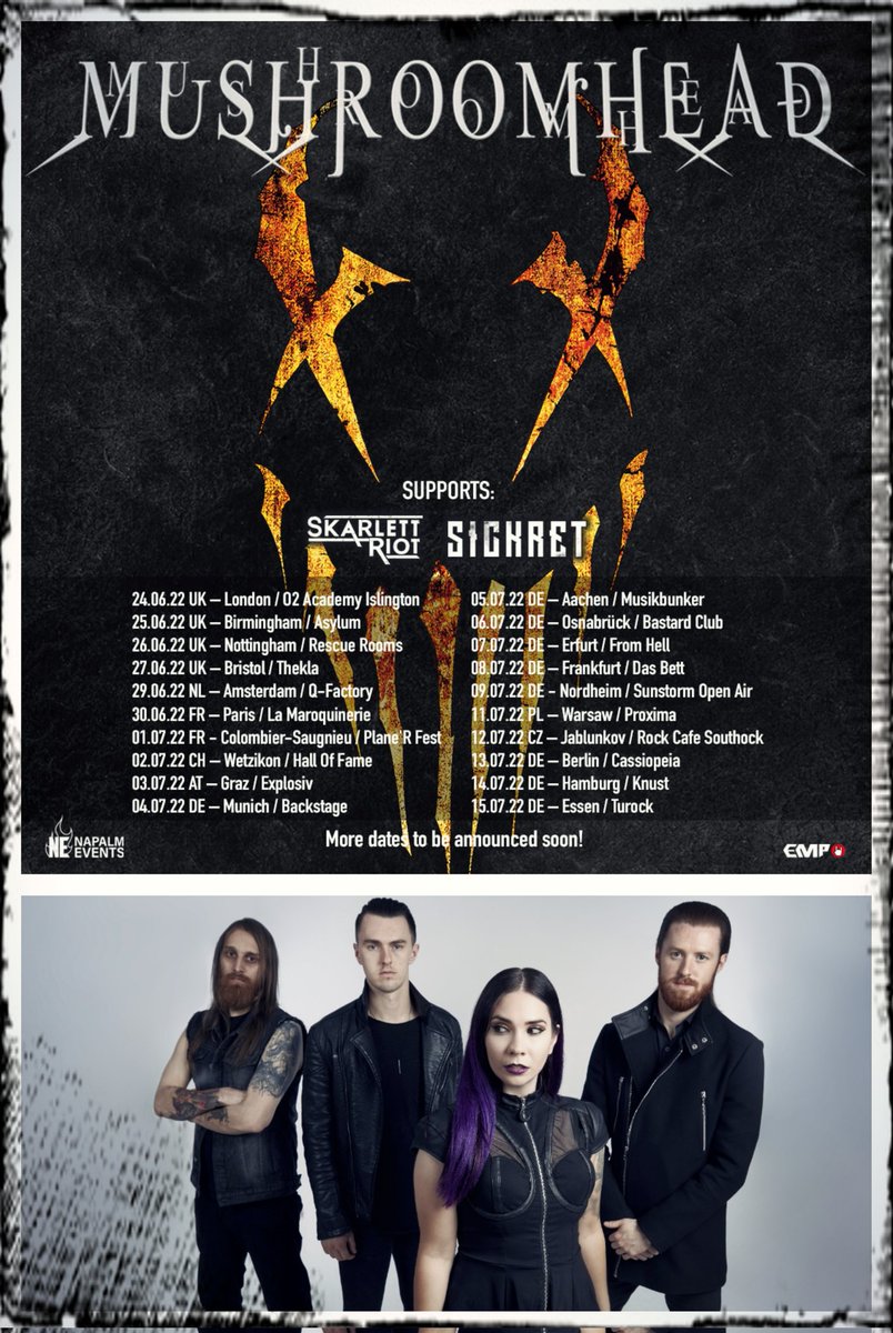 SkarlettRiot's tweet photo. Tour Announcement :
Skarlett Riot to hit the road with @mushroomhead in June and July throughout the UK and Europe. 
We are so excited for this. 👌

Tickets are on sale now!
Which show will you be at?! 🔥🤟

 #skarlettriot #mushroomhead #skarlettriot #sickret #napalmevents #RT https://t.co/ZafHl1QkJ9