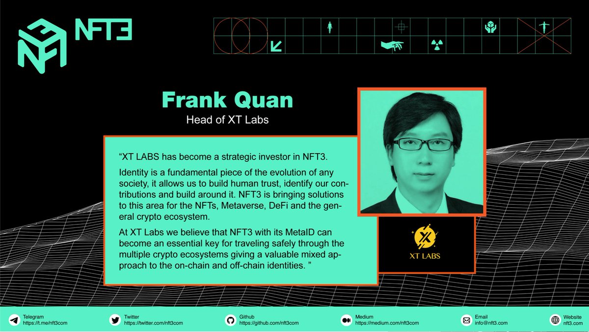 0xHeyISME's tweet photo. We are excited to have @labs_xt join #NFT3 as strategic investors and partners.🤝

Frank Quan, Head of XT Labs spoke about $ISME and the future of online Identity:👽⬇️

$ISME #NFT3ISME https://t.co/COqOzHULGX