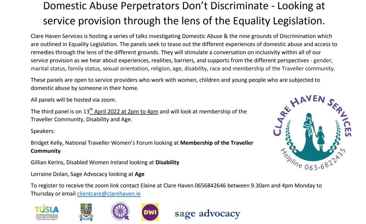 The 3rd of our 3 panel discussions looking at Domestic Abuse through the lens of the 9 grounds of Discrimination will take place on 13/4 via Zoom. Domestic Abuse perpetrators don't discriminate, neither do we. Call us to book a place @SageAdvocacy @DW_Ireland @NTWFIRL