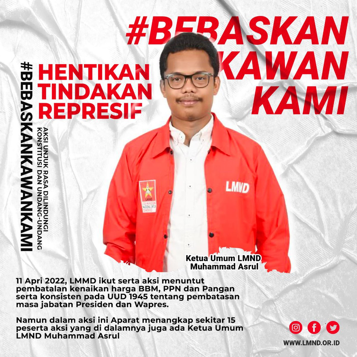 Arjunaswara2's tweet photo. 11 April 2022 LMND mengikut serta dalam aksi menuntut pembatalan kenaikan Harga BBM, PPN, pangan serta konsisten pada UUD 1945 pembatasan masa jabatan presiden dan wapres. Namun dalam aksi ini aparatur negara menangkap peserta aksi yg di dalamnya ada ketum LMND https://t.co/s2FNHrBiJ1