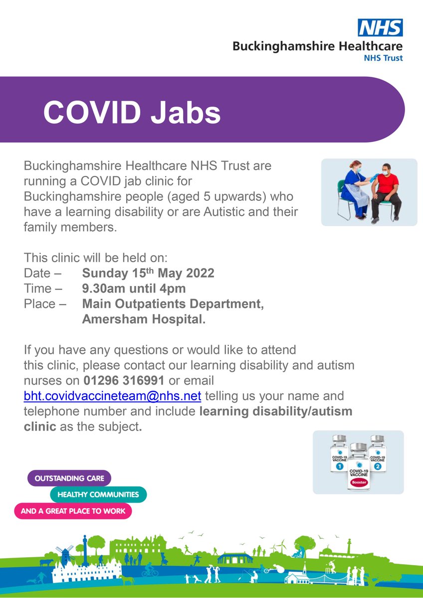 Special COVID-19 jab clinic from <a href="/BucksHealthcare/">Buckinghamshire Healthcare NHS Trust</a> for those in #Bucks who have a #LearningDisability or #autism &amp; their family members. The clinic is on 15th May, 9.30am-4pm in Main Outpatients Department, Amersham Hospital.

See poster for more details ⤵️ #carers #unpaidcarers