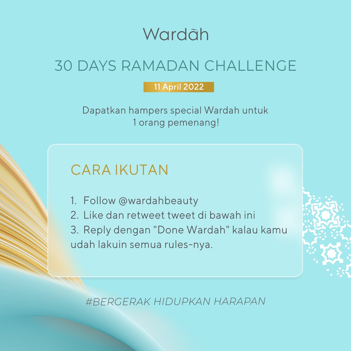 wardahbeauty's tweet photo. #30DaysRamadanChallenge
11 April 2022

Beauties, get ready for the next challenge!

Rules:
1⃣ Follow @wardahbeauty
2⃣ Like &amp; RT tweet di bawah ini
3⃣ Reply dengan "Done Wardah" kalau kamu            udah lakuin semua rules-nya

https://t.co/gmfSwKZ6BR https://t.co/kAgTIAGRKe
