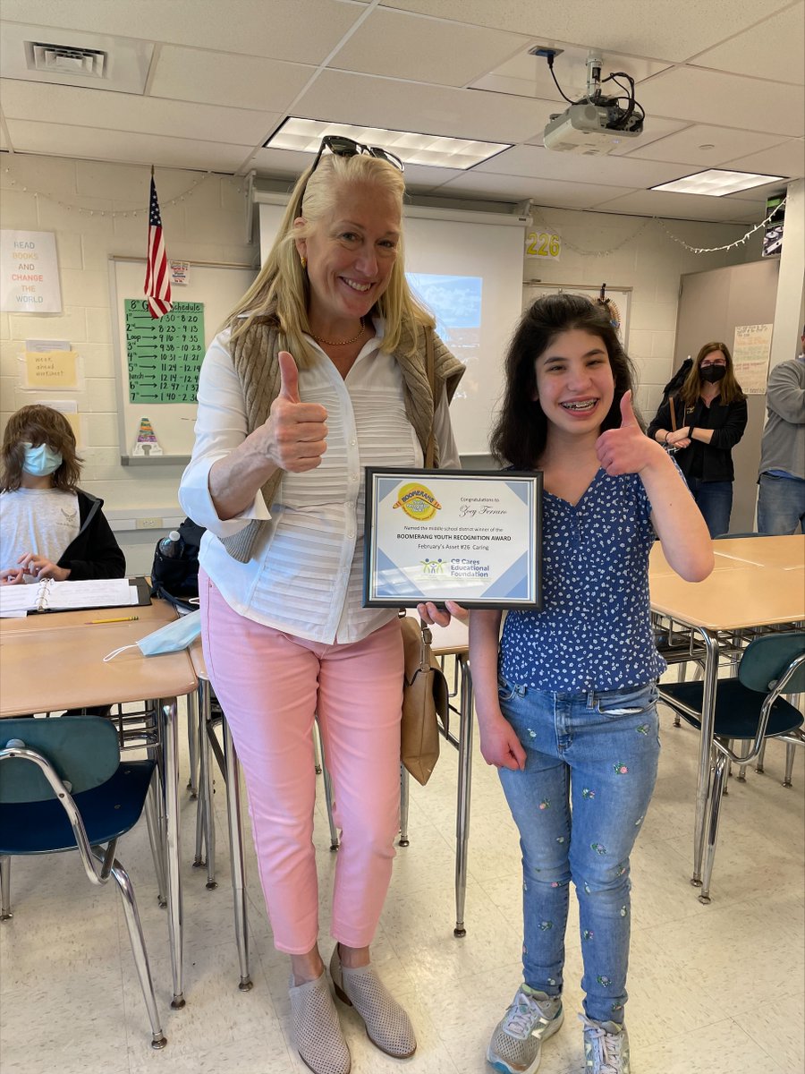 Congratulations Zoey for being selected as the middle school district winner for February's Asset #26 Caring.
She was presented with her Boomerang Award and a gift card to Monkeys Uncle  ❤ Surprise classroom presentation with her parents. #lenapepride <a href="/CBLenapeMS/">Lenape Middle School</a>