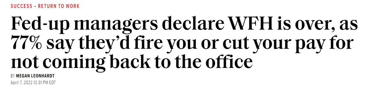 ContentedCows's tweet image. The "Fed-up managers" in this Fortune article are wrong. WFH is not over, because the workforce says so (not fed-up managers). These are the same ones griping about the labor shortage. Who's entitlened now?

Adapt or die.