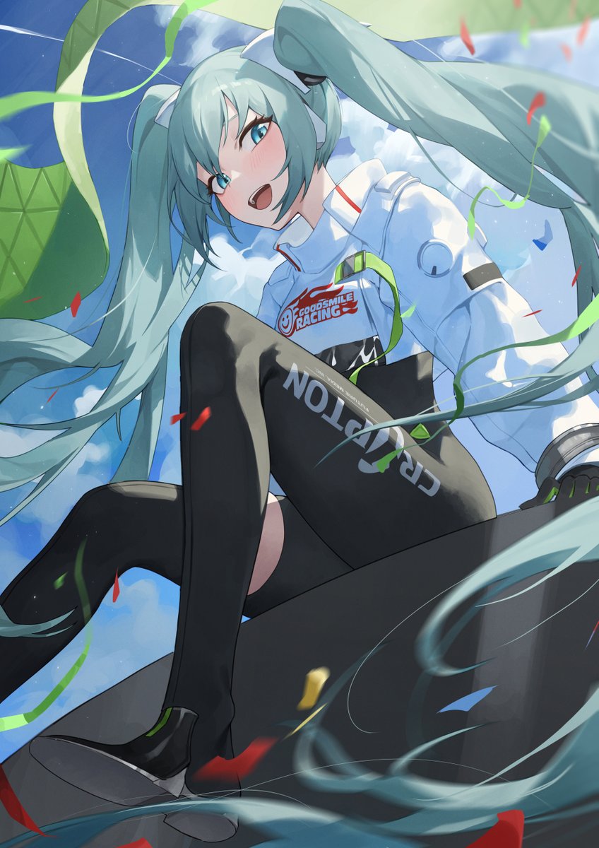 hatsune miku ,racing miku 1girl solo twintails long hair confetti very long hair sitting  illustration images
