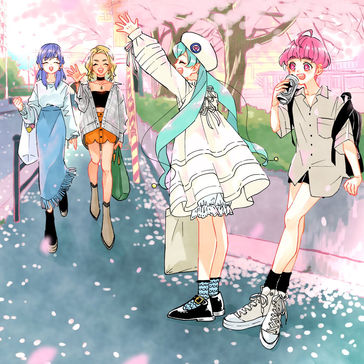 multiple girls pink hair 4girls blonde hair bag skirt cherry blossoms  illustration images