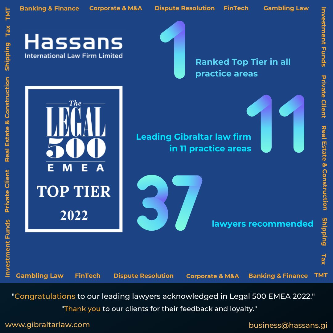 Delighted to be listed Top Tier in this year's Legal 500 EMEA 2022 rankings.  For more details and our full press release, click gibraltarlaw.com/press-release/… Many thanks to our clients for their feedback and loyalty. #L500EMEA2022 #emea2022 #legal500