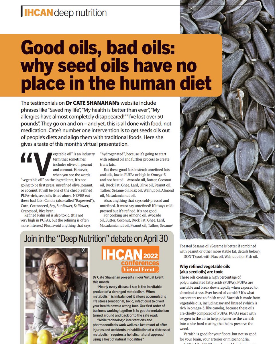 IHCANmagazine's tweet photo. Good oils, bad oils: why seed oils have no place in the human diet.
Read the full article in our April issue.
#integrativehealth #nutritionaltherapy #nutrition #CPD #IHCAN #seedoils @drcateshanahan https://t.co/fxiSr52C9P