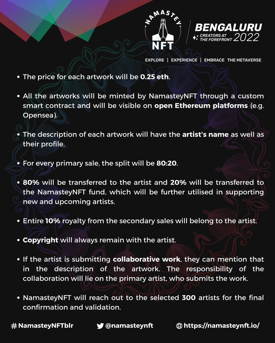 You spoke and we heard.

Digging further into the details, we have published more information that the artists have been requesting.

If you have not submitted your work for NamasteyNFT Bengaluru 2022, do it right away with the below link.

namasteynft.typeform.com/art-submit
#NamasteyNFTblr