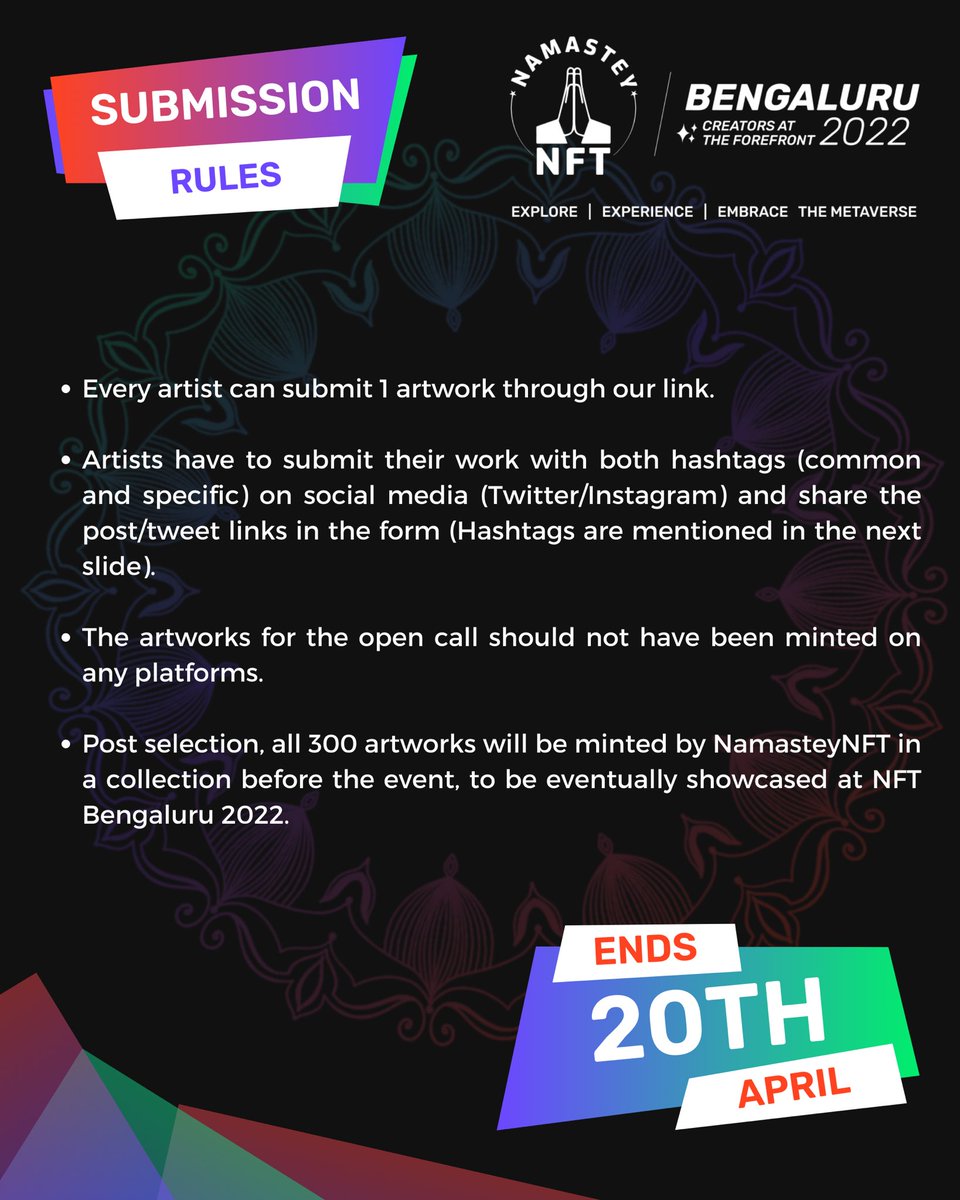 NamasteyNFT's tweet photo. You spoke and we heard.

Digging further into the details, we have published more information that the artists have been requesting.

If you have not submitted your work for NamasteyNFT Bengaluru 2022, do it right away with the below link.

https://t.co/5H2NaFE8Tw
#NamasteyNFTblr https://t.co/GjayhljiNV