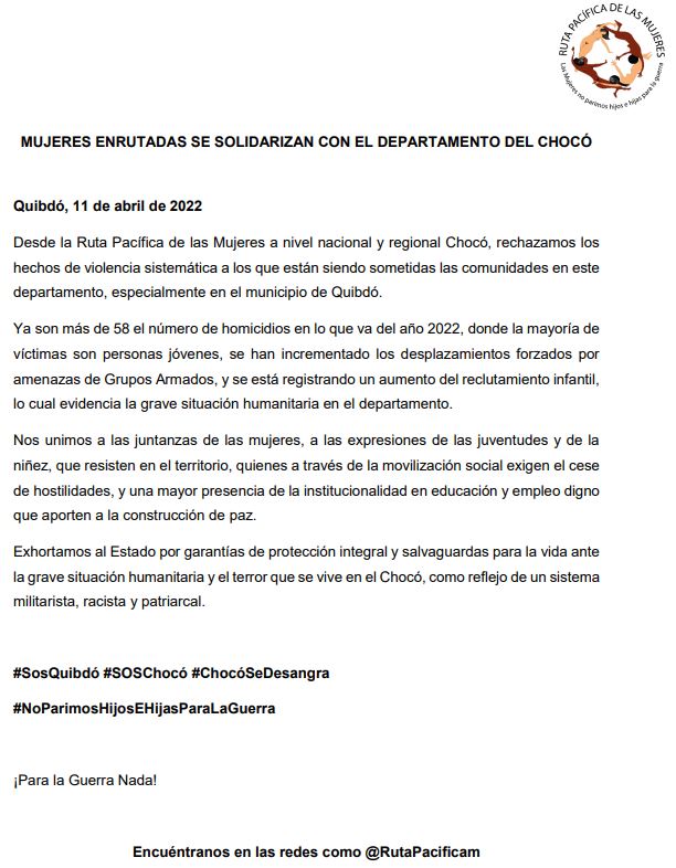RutaPacificaM's tweet photo. 📢 Desde la Ruta Pacífica de las Mujeres Nacional y regional Chocó rechazamos el número de homicidios en chocó, donde la mayoría de Víctimas son jóvenes. 

➡️ https://t.co/RJW3WYkmYH ⬅️

#ComunicadoRuta #SOSQUIBDO https://t.co/PPqm4o9Vjo