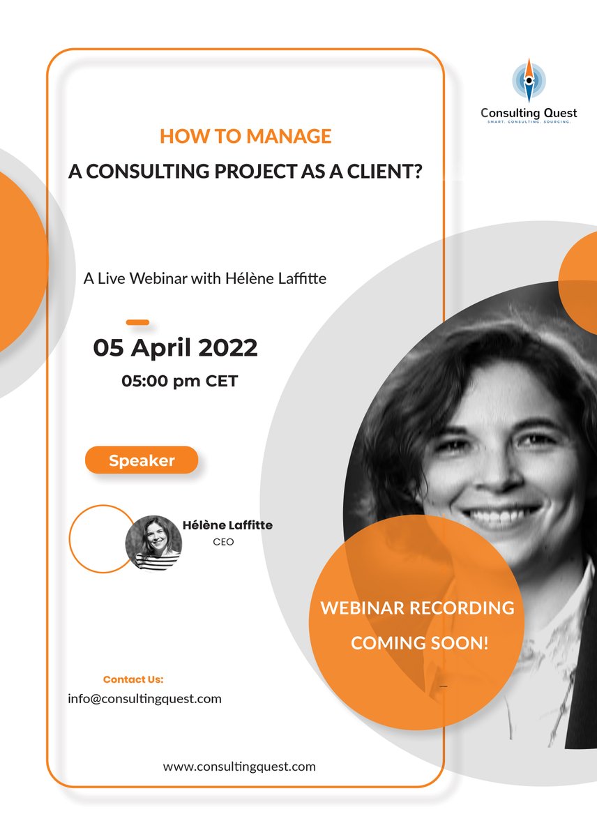 ConsQuest's tweet photo. We have some good news to share with you. The recording of the webinar “How to manage a consulting project as a client?” on 5th April, 2022 will be uploaded very soon. So those who missed our LIVE webinar can watch it. Stay tuned.
#ConsultingProject #ManagementConsulting https://t.co/LUyQ4SxHys