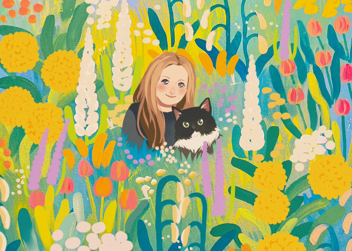 1girl flower yellow flower long hair smile cat blush  illustration images