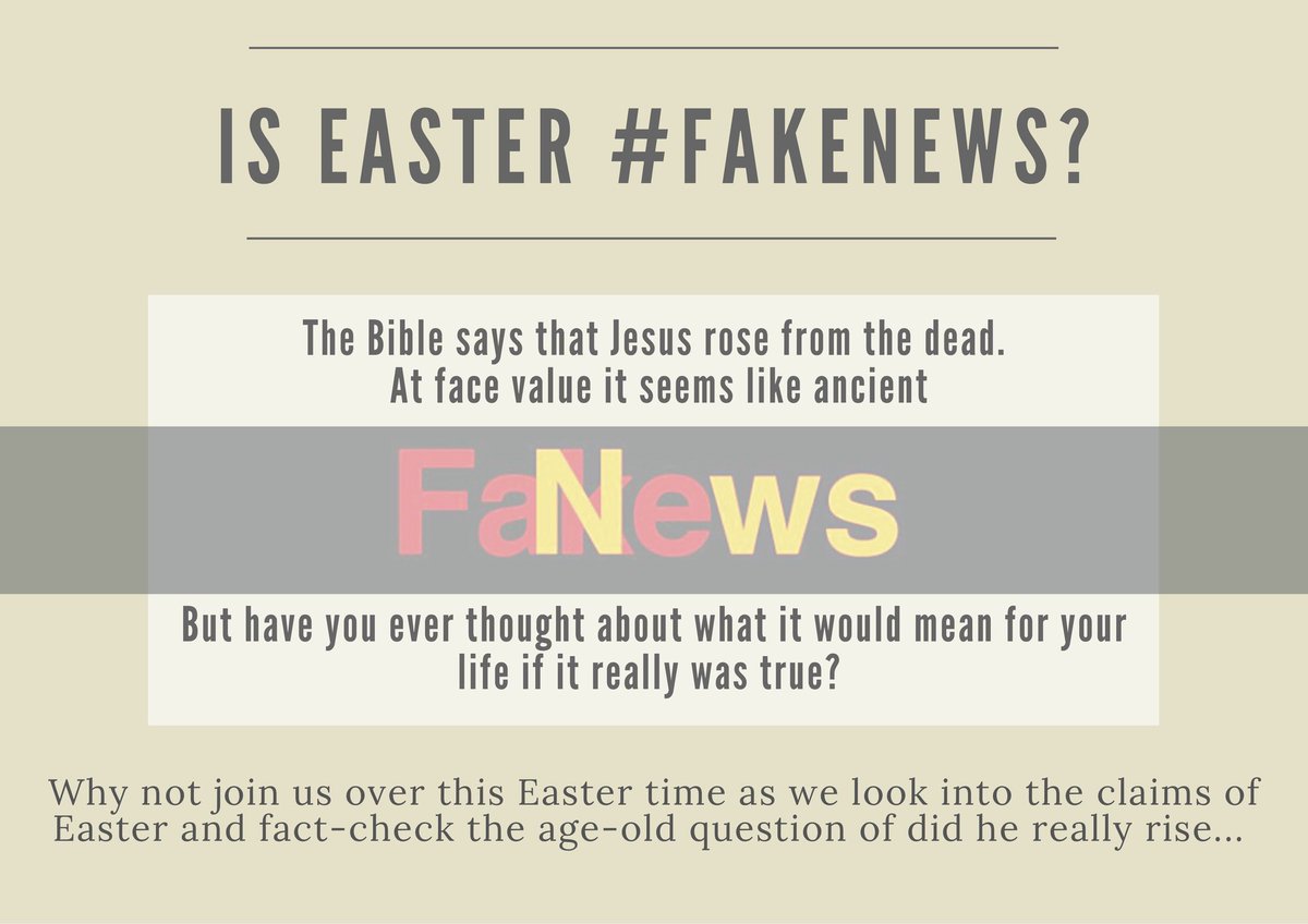 LABaptistChurch's tweet photo. Easter is about the death of Jesus Christ on the cross for our sin and his glorious resurrection, but is that just ancient #fakenews? Join us this Easter weekend as we fact-check these claims. (Sunday School &amp; crèche available for children at the Sunday am service) #Aylesbury https://t.co/h6REQc2o9S