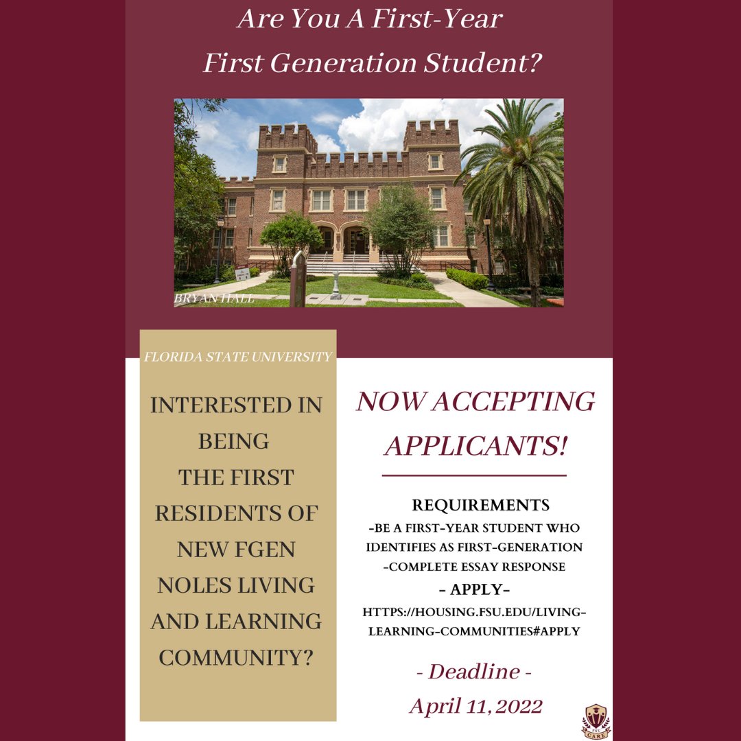 Are you a First-Year Generation student?

If so, we have a fantastic opportunity for you to be a part of the first set of residents in our New FGEN Noles Living and Learning Community. Applications are now out! The Deadline is April 11th, 2022 🏹