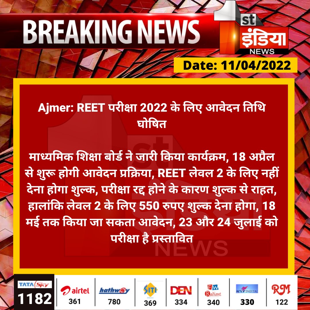 1stIndiaNews's tweet photo. #Ajmer: REET परीक्षा 2022 के लिए आवेदन तिथि घोषित

माध्यमिक शिक्षा बोर्ड ने जारी किया कार्यक्रम, 18 अप्रैल से शुरू होगी आवेदन प्रक्रिया, REET लेवल 2 के लिए नहीं देना होगा शुल्क, परीक्षा रद्द होने के कारण शुल्क से राहत...
#REET #REET2022 @rajeduofficial https://t.co/xgCDRvtza2
