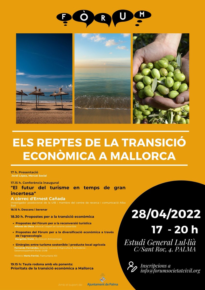 Tornam amb una nova jornada per continuar reflexionant i fent propostes sobre transició econòmica.

Amb <a href="/ernestcanada/">Ernest Cañada</a> d'@albasud, Fernando Fernández, dir. gral. <a href="/AgriculturaGOIB/">Conselleria d'Agricultura, Pesca i Medi Natural</a> i els membres del Fòrum presentant les nostres propostes.

Inscripcions a info@forumsocietatcivil.org