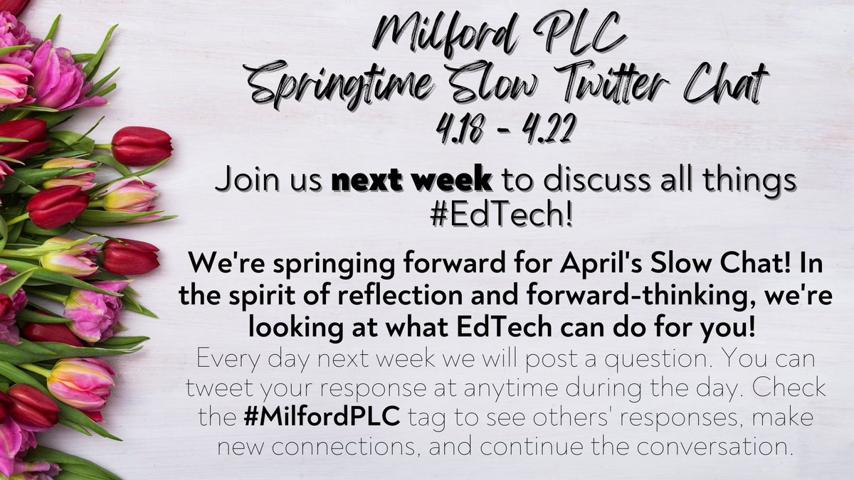 FINAL #MilfordPLC chat of 21-22! Close out the year by talking tech with your colleagues all next week! We will warm you up with some tech polls this week. 😉 Looking forward to the conversation! Special thanks to <a href="/MrsCoomes/">Katie Coomes</a> <a href="/TechCincy/">Lindsey Humphreys</a> &amp; <a href="/caradeaton/">Cara Grace</a> for their expertise!
