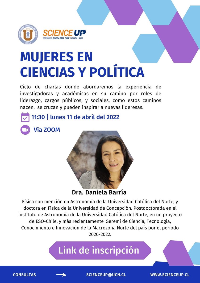 Scienceup_cl's tweet photo. Hoy a las 11:30 horas vía zoom expondrá la Dra. en Física, Daniela Barría, en nuestro ciclo de charlas "Mujeres en Ciencias y Política".
La invitación es abierta a todas y todos quienes quieran participar! Link del evento: https://t.co/zPat5dLmpw
#ScienceUp #WomenInSTEM https://t.co/HXePC26ULx