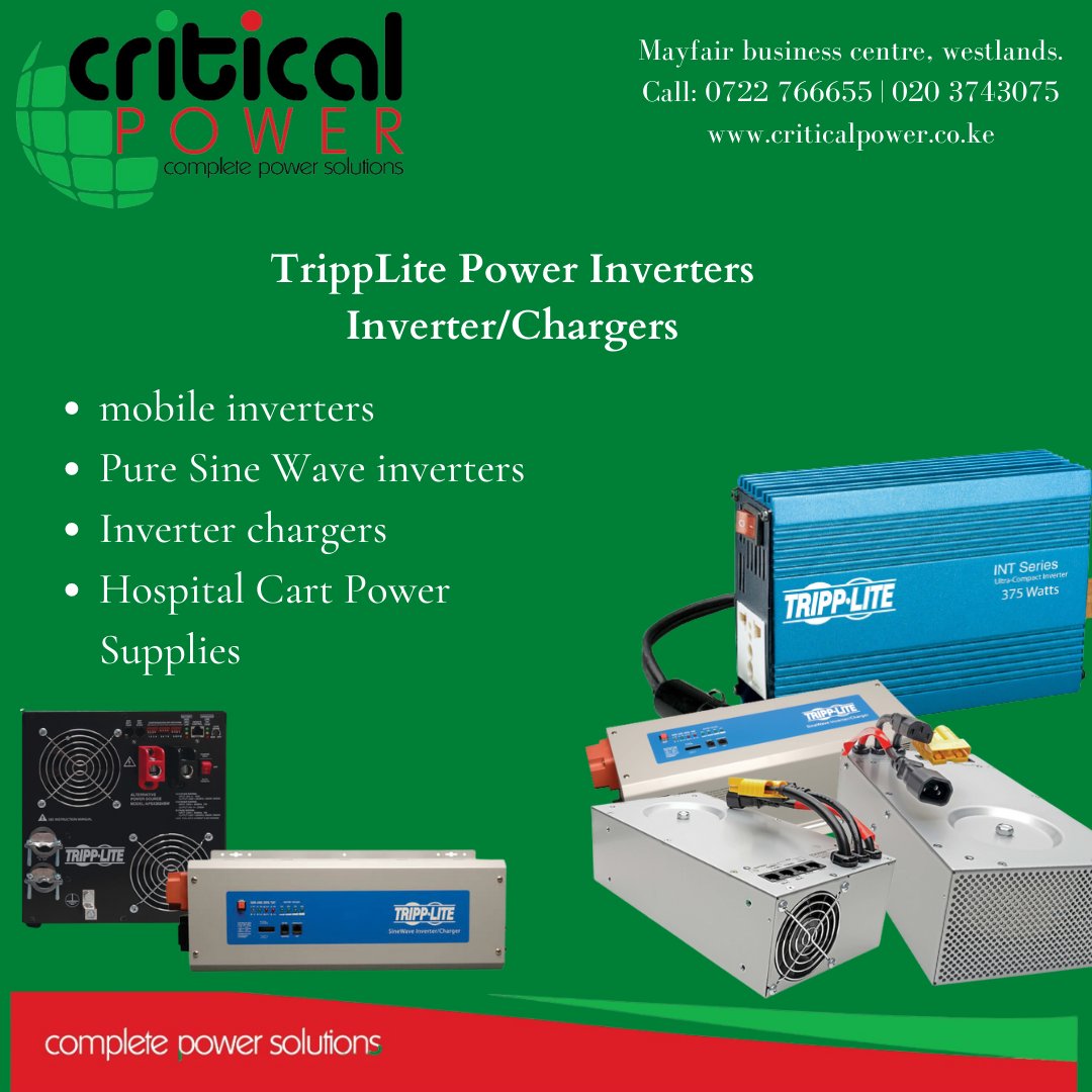 TRIPPLITE INVETERS, CHARGERS &amp; POWER SUPPLIES!!
Get longer backup time with Tripplite Inverters.

For more information reach us on 0722 766655 | 020 3743075 or email: customercare@criticalpower.co.ke
criticalpower.co.ke
#Tripplite
#powersolutions