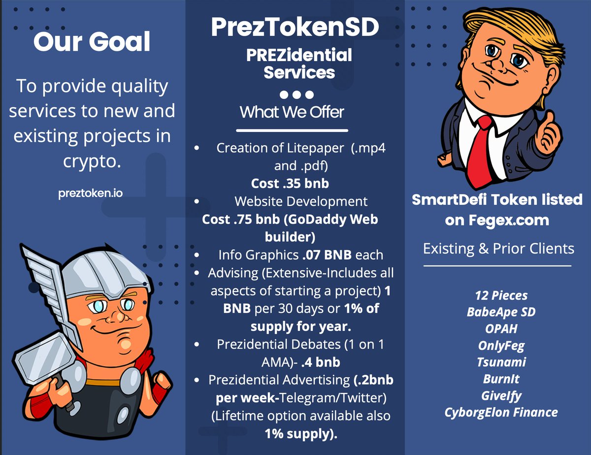PrezToken's tweet image. Dev of a project?
Need a litepaper?
Need infographics?
Need Advising?
Let PrezServices help!
Well known in SmartDefi for providing this service, but open to all projects.