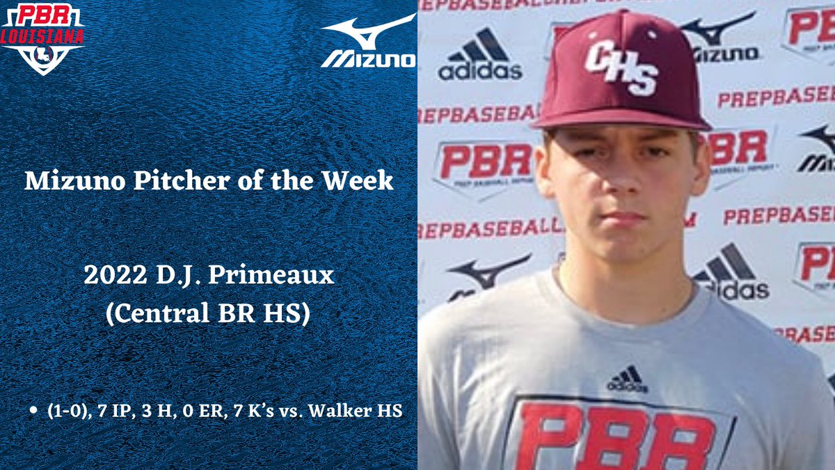 ‼️ Pitcher of the Week (Week 7) ‼️

Congratulations to <a href="/LSUbaseball/">LSU Baseball</a> Signee 2022 D.J. Primeaux (Central BR HS) on earning our @MizunoBsballNA Pitcher of the Week Award for Week 7.  #BeSeen

<a href="/prepbaseball/">Prep Baseball</a> 

🔗bit.ly/38v1DTd