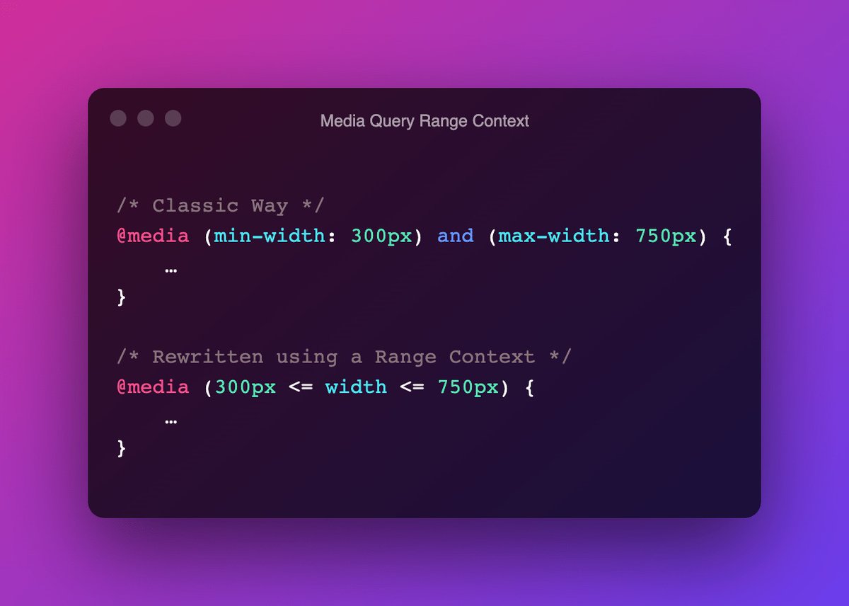 CSS Excitement! 🤩

With Media Queries L4 you can write ranges using mathematical comparison operators.

bram.us/2021/10/26/med…

L4 also adds support for 'or', 'not', nesting, and evaluation of unknown features.

Already supported in firefox 63(!) and up. x.com/intenttoship/s…