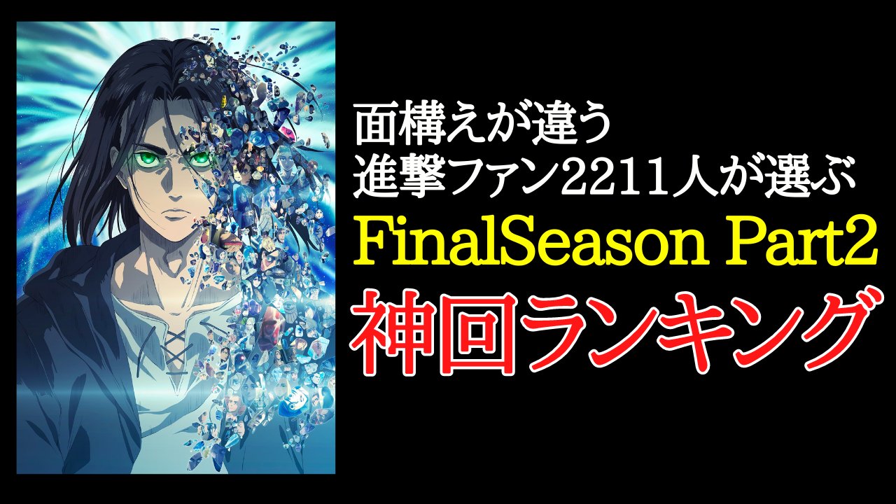 タキチャンネル 面構えの違う進撃ファンの皆さんが選ぶ 進撃の巨人finalseasonpart2の人気ランキング を作成しました 第1位はやっぱりあの回か って感じですね アニメを振り返りたいかたは是非ご覧ください 動画はこちら T Co Uf4jnbceic