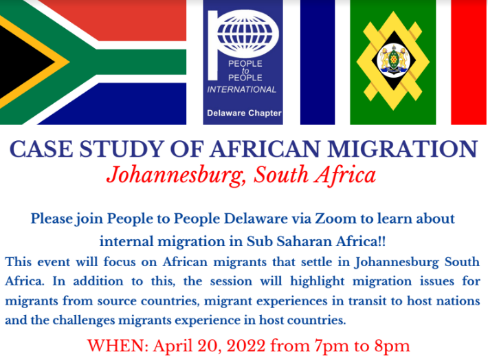 PTPDE's tweet photo. Join PTPDE for "A CASE STUDY OF AFRICAN MIGRATION"
Please join People to People Delaware and host, David Monda, via Zoom to learn about internal migration in Sub Saharan Africa!!

Please register via this link : https://t.co/F9u5qcDNKT 

#africa #delaware #ptpi #ptpde #delaware https://t.co/nNUDQGknR0